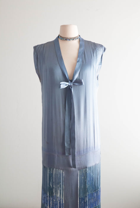 Rare 1920's Icicle Fringe Flapper Dress in French Blue Silk / M