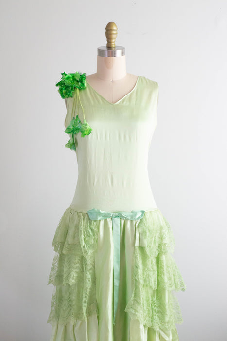 Ethereal 1920's Absinthe Green Silk Flapper Dress / Small