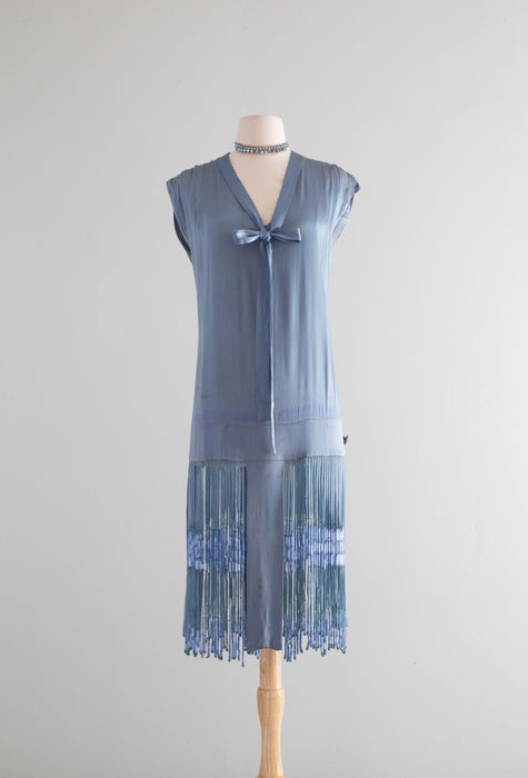 Rare 1920's Icicle Fringe Flapper Dress in French Blue Silk / M