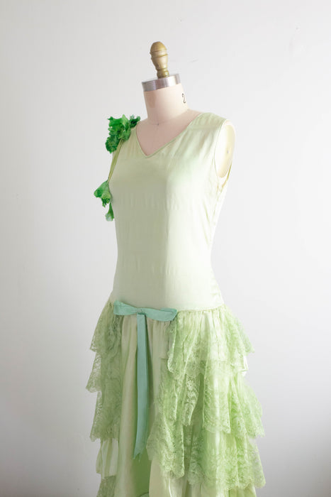 Ethereal 1920's Absinthe Green Silk Flapper Dress / Small