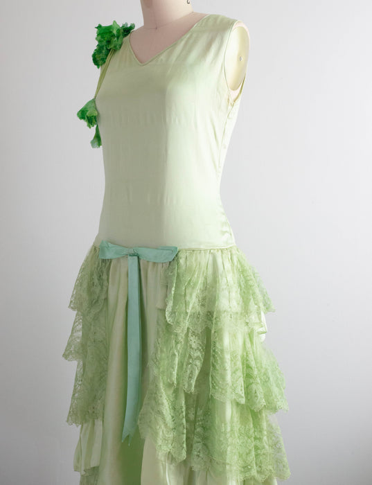 Ethereal 1920's Absinthe Green Silk Flapper Dress / Small