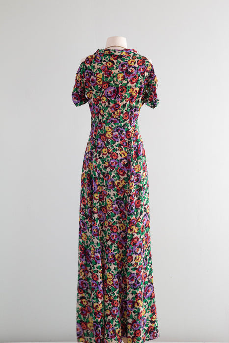 Gorgeous 1930's Silk Floral Print Bias Cut Gown By Jean Carol / SM