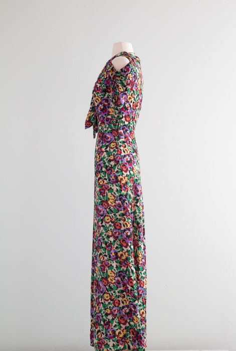 Gorgeous 1930's Silk Floral Print Bias Cut Gown By Jean Carol / SM