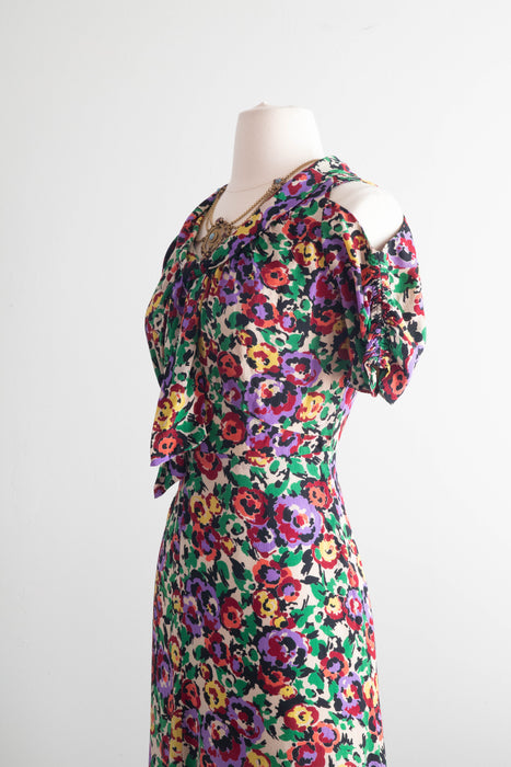 Gorgeous 1930's Silk Floral Print Bias Cut Gown By Jean Carol / SM