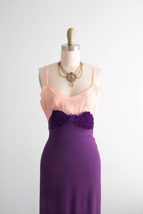 Fabulous 1930's Purple & Pink Rayon Crepe Evening Gown / XS