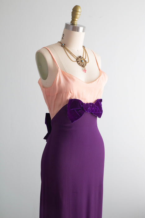 Fabulous 1930's Purple & Pink Rayon Crepe Evening Gown / XS