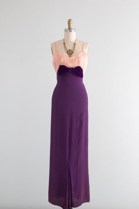 Fabulous 1930's Purple & Pink Rayon Crepe Evening Gown / XS