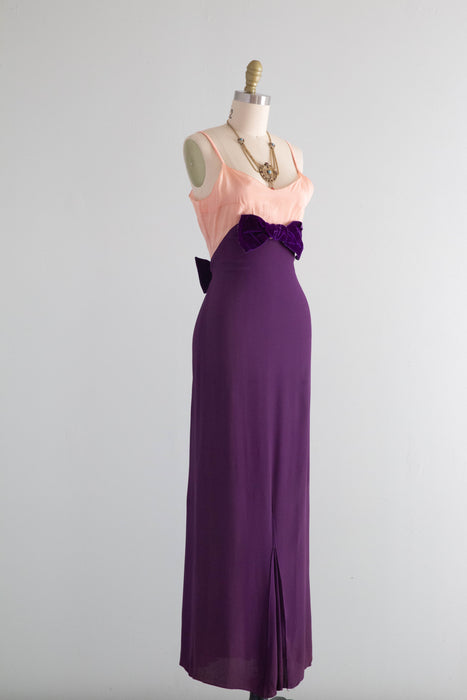 Fabulous 1930's Purple & Pink Rayon Crepe Evening Gown / XS