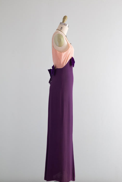 Fabulous 1930's Purple & Pink Rayon Crepe Evening Gown / XS