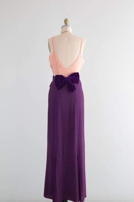 Fabulous 1930's Purple & Pink Rayon Crepe Evening Gown / XS