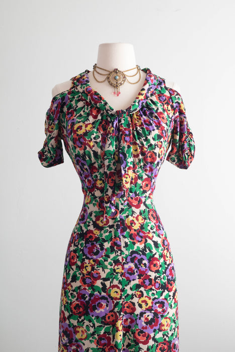 Gorgeous 1930's Silk Floral Print Bias Cut Gown By Jean Carol / SM