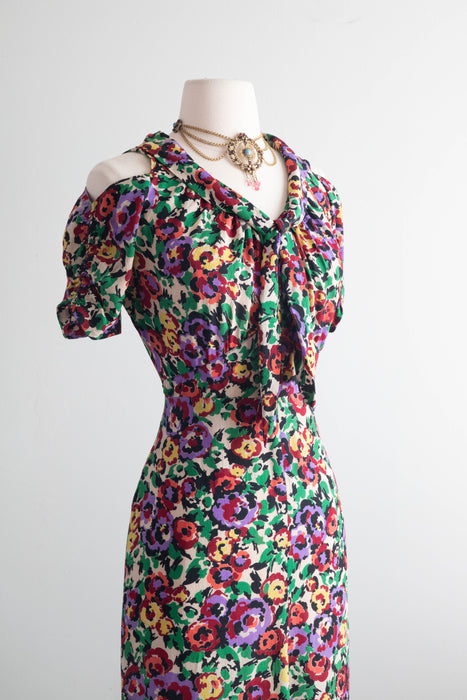 Gorgeous 1930's Silk Floral Print Bias Cut Gown By Jean Carol / SM