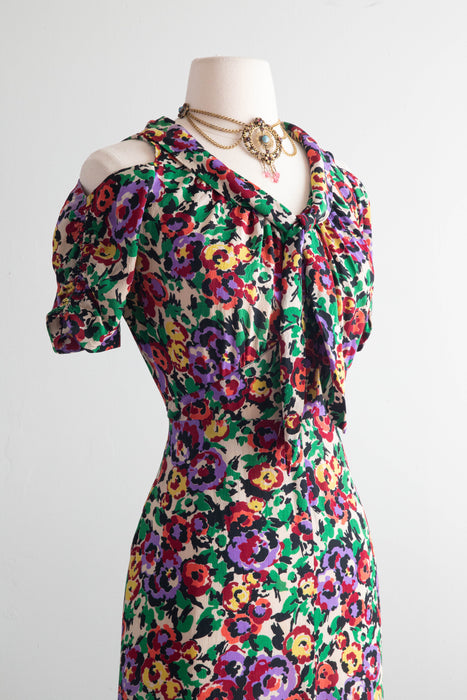 Gorgeous 1930's Silk Floral Print Bias Cut Gown By Jean Carol / SM