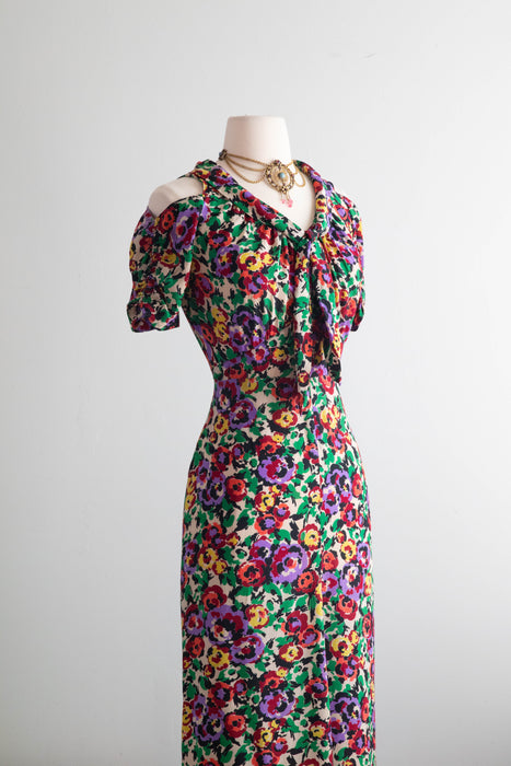 Gorgeous 1930's Silk Floral Print Bias Cut Gown By Jean Carol / SM