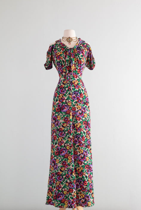 Gorgeous 1930's Silk Floral Print Bias Cut Gown By Jean Carol / SM