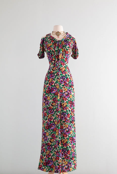 Gorgeous 1930's Silk Floral Print Bias Cut Gown By Jean Carol / SM