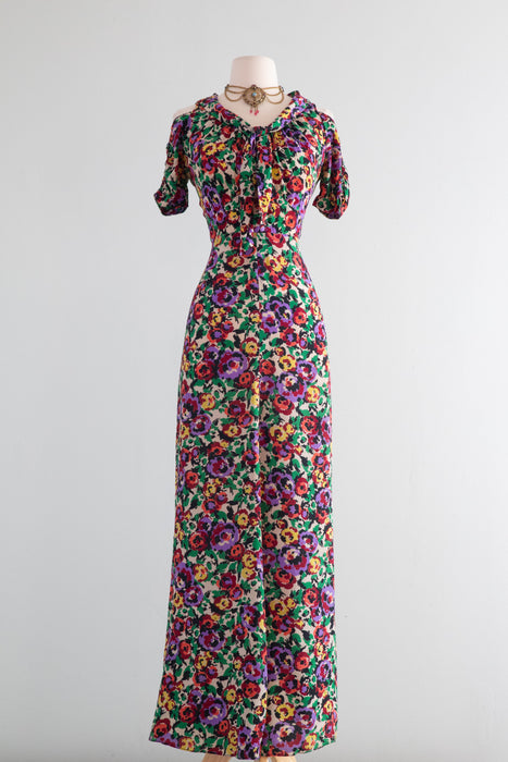 Gorgeous 1930's Silk Floral Print Bias Cut Gown By Jean Carol / SM