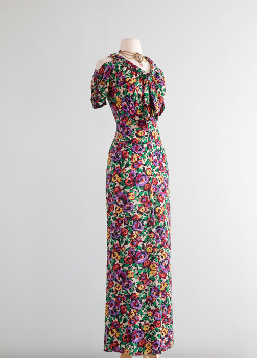 Gorgeous 1930's Silk Floral Print Bias Cut Gown By Jean Carol / SM