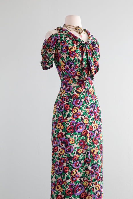 Gorgeous 1930's Silk Floral Print Bias Cut Gown By Jean Carol / SM