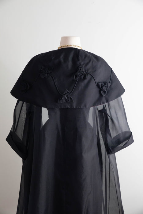 Stunning Late 1950's Black Silk Organza Cocktail Dress With Sheer Swing Coat / S