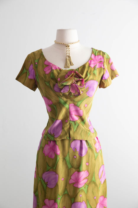 Elegant 1960's Silk Lily Pad Print Occasion Dress By Miss Winston / Small