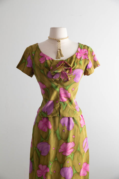 Elegant 1960's Silk Lily Pad Print Occasion Dress By Miss Winston / Small