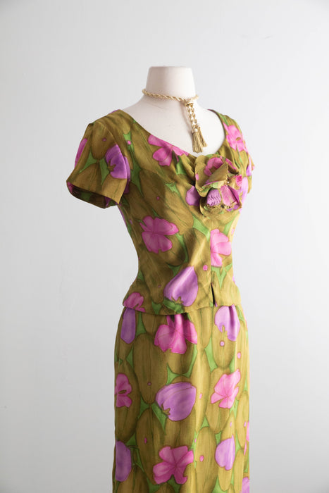 Elegant 1960's Silk Lily Pad Print Occasion Dress By Miss Winston / Small