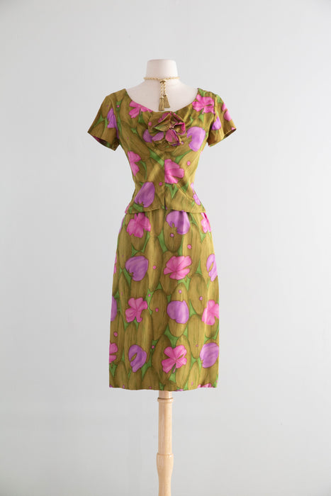 Elegant 1960's Silk Lily Pad Print Occasion Dress By Miss Winston / Small