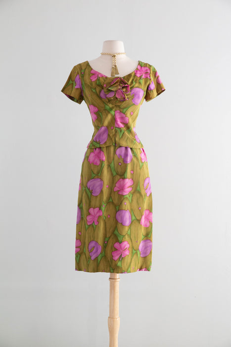 Elegant 1960's Silk Lily Pad Print Occasion Dress By Miss Winston / Sm Xtabay Vintage Elegant 1960's Silk Lily Pad Print Occasion Dress By Miss Winston / Sm Xtabay Vintage
