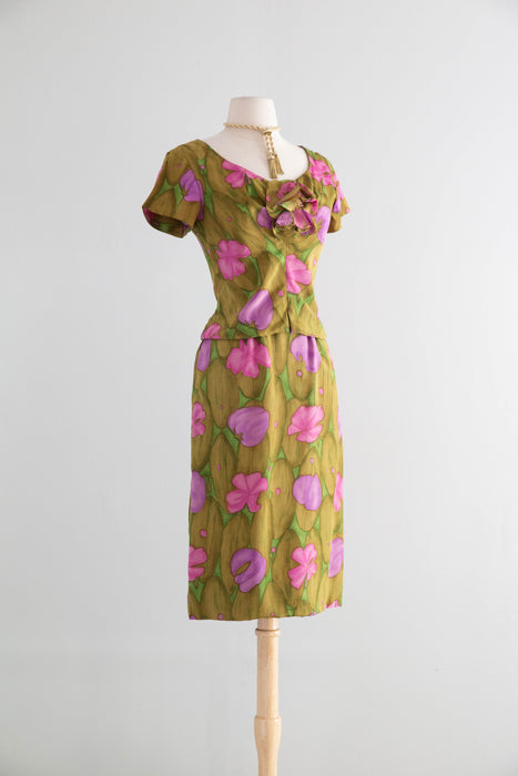 Elegant 1960's Silk Lily Pad Print Occasion Dress By Miss Winston / Small