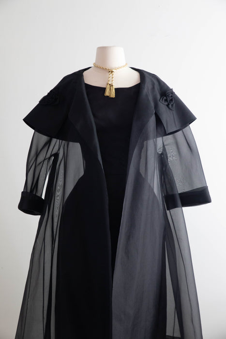 Stunning Late 1950's Black Silk Organza Cocktail Dress With Sheer Swing Coat / S