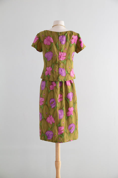 Elegant 1960's Silk Lily Pad Print Occasion Dress By Miss Winston / Small