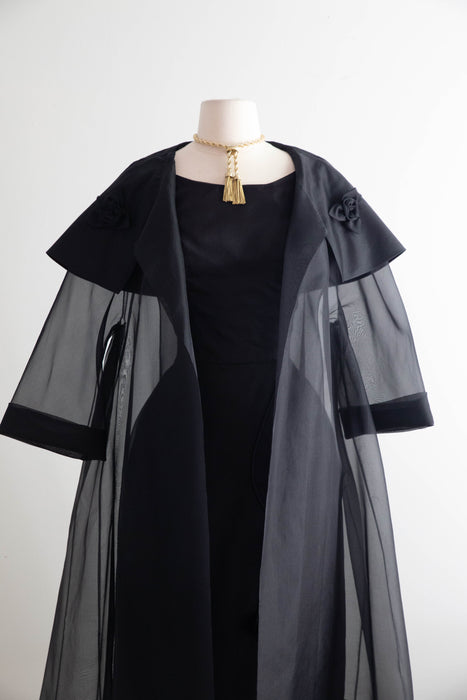 Stunning Late 1950's Black Silk Organza Cocktail Dress With Sheer Swing Coat / S