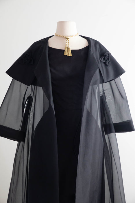 Stunning Late 1950's Black Silk Organza Cocktail Dress With Sheer Swing Coat / S