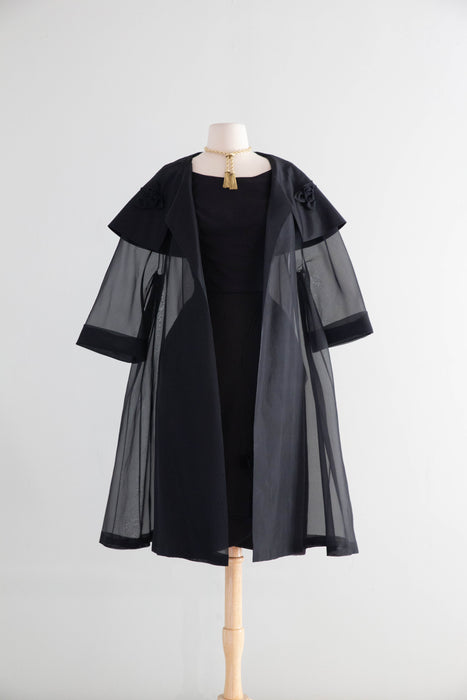 Stunning Late 1950's Black Silk Organza Cocktail Dress With Sheer Swing Coat / S