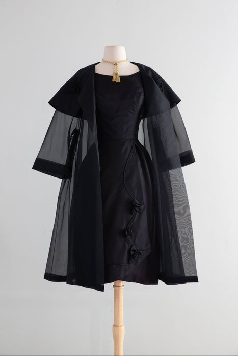 Stunning Late 1950's Black Silk Organza Cocktail Dress With Sheer Swing Coat / S