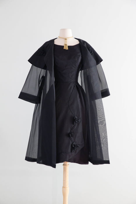 Stunning Late 1950's Black Silk Organza Cocktail Dress With Sheer Swing Coat / S
