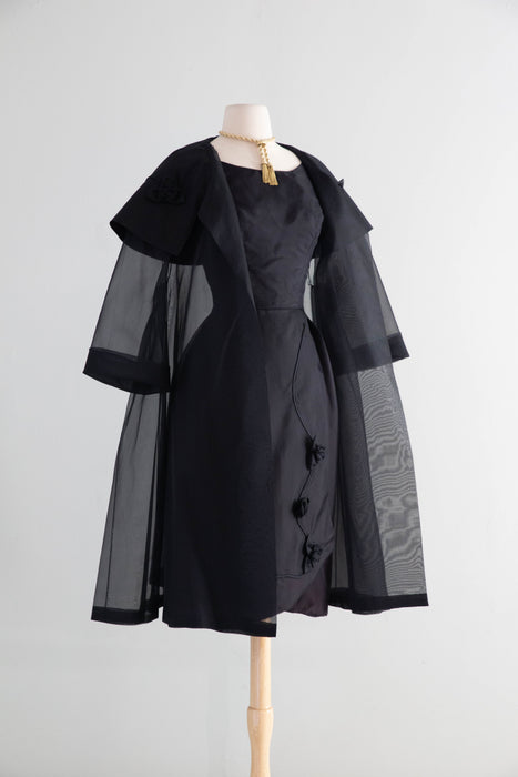 Stunning Late 1950's Black Silk Organza Cocktail Dress With Sheer Swing Coat / S