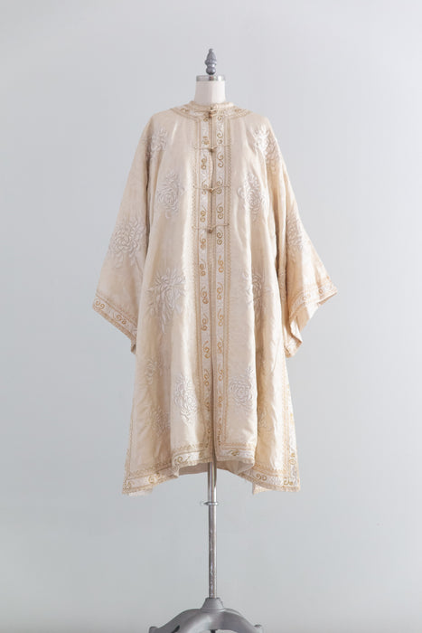 Rare & Extraordinary 1920's Chinese Robe - Ivory Silk Damask With Hand Embroidered Chrysanthemums / OS