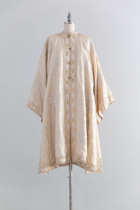 Rare & Extraordinary 1920's Chinese Robe - Ivory Silk Damask With Hand Embroidered Chrysanthemums / OS
