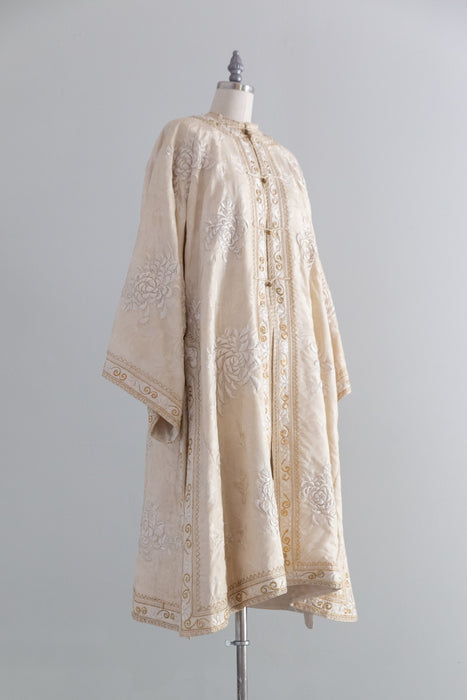 Rare & Extraordinary 1920's Chinese Robe - Ivory Silk Damask With Hand Embroidered Chrysanthemums / OS