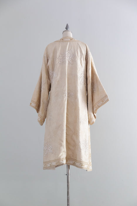 Rare & Extraordinary 1920's Chinese Robe - Ivory Silk Damask With Hand Embroidered Chrysanthemums / OS