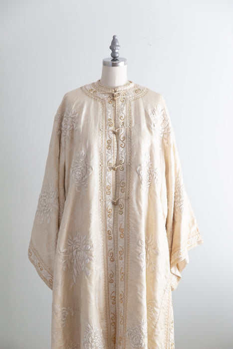 Rare & Extraordinary 1920's Chinese Robe - Ivory Silk Damask With Hand Embroidered Chrysanthemums / OS