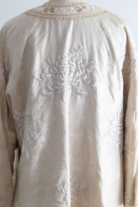 Rare & Extraordinary 1920's Chinese Robe - Ivory Silk Damask With Hand Embroidered Chrysanthemums / OS