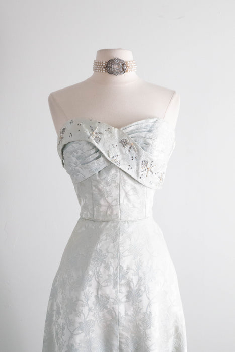 Exquisite 1950's Mirror Blue Brocade Formal Evening Gown By Robert Martin New York / S