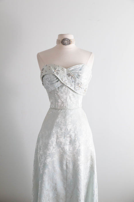 Exquisite 1950's Mirror Blue Brocade Formal Evening Gown By Robert Martin New York / S