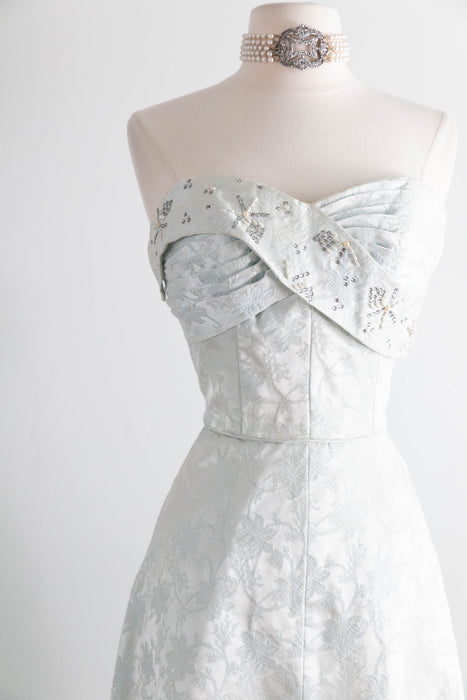 Exquisite 1950's Mirror Blue Brocade Formal Evening Gown By Robert Martin New York / S