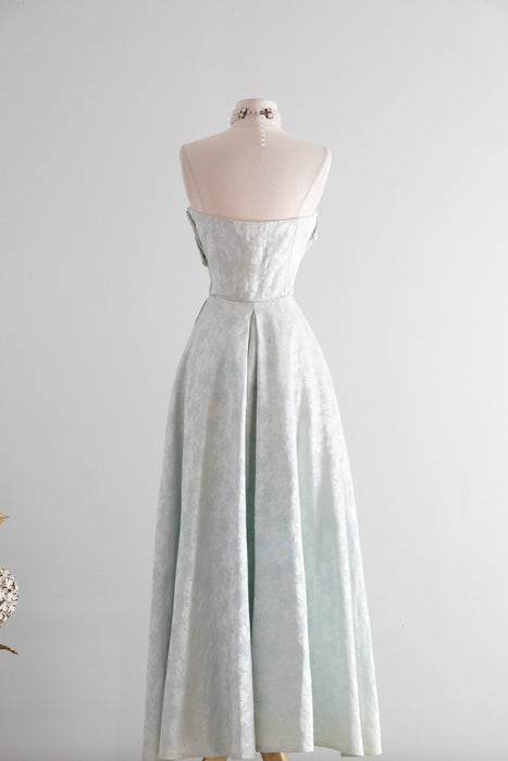 Exquisite 1950's Mirror Blue Brocade Formal Evening Gown By Robert Martin New York / S