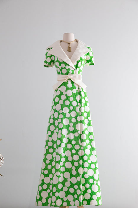 Fabulous 1960's Malcolm Starr By Rizkallah Green & White Polka Dot Maxi Dress / M