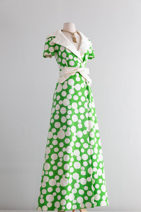 Fabulous 1960's Malcolm Starr By Rizkallah Green & White Polka Dot Maxi Dress / M